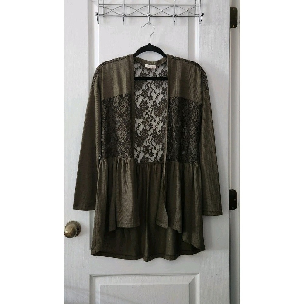 Paper+tee open front lace floral Women's cardigan Long Sleeve Green Size L‎